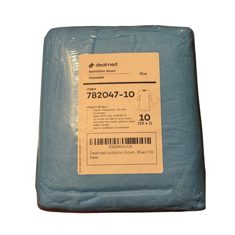 Dealmed Isolation Gown Blue Disposable 10 Pack Polypropylene Non Latex NEW